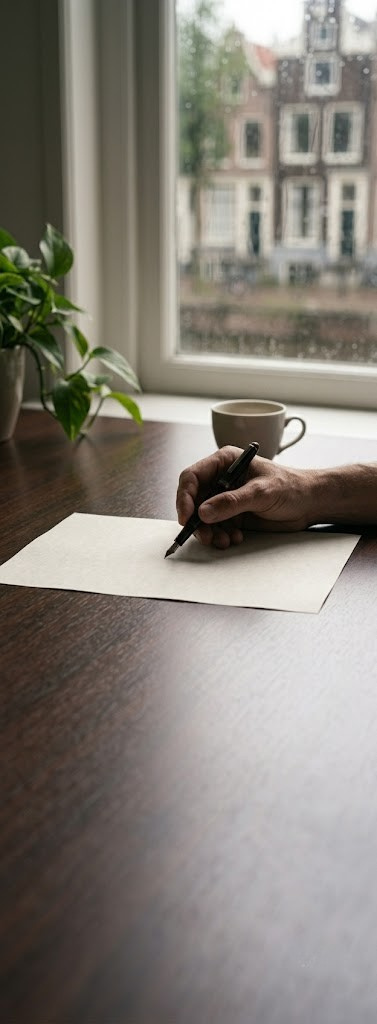 Hand met pen bij een notitieboek, voor een raam met lamellen