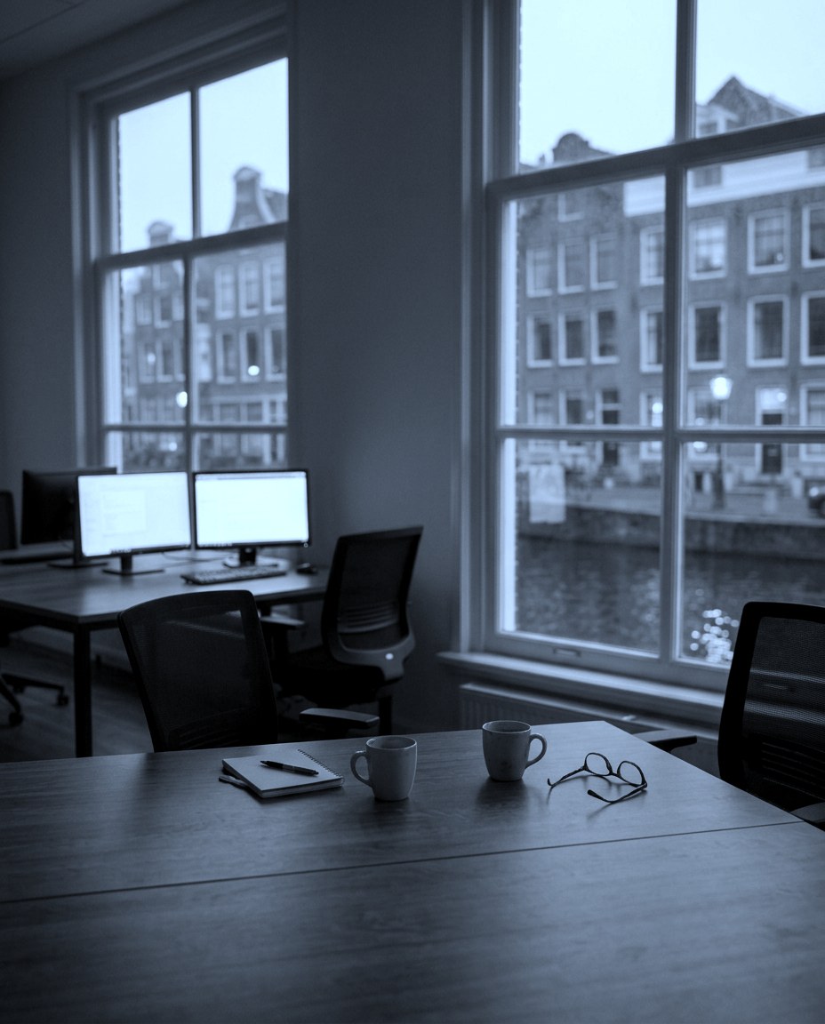 Leeg bureau met koffiekoppen en aanstaande schermen in avondlicht